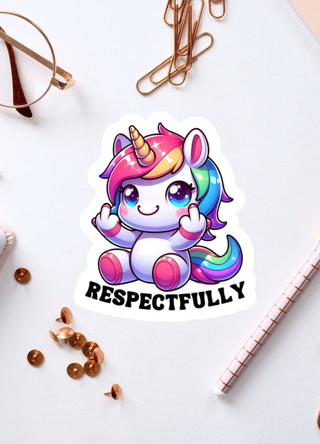 a sticker of a unicorn with a peace sign, surrounded by various office supplies such as pens, paper clips, and a notebook.