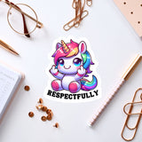 a sticker of a unicorn with a peace sign, surrounded by various office supplies such as pens, paper clips, and a notebook.