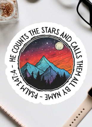 a sticker that says, the mountains the stars and the night the sky is