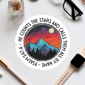 a sticker that says, the mountains the stars and the night the sky is