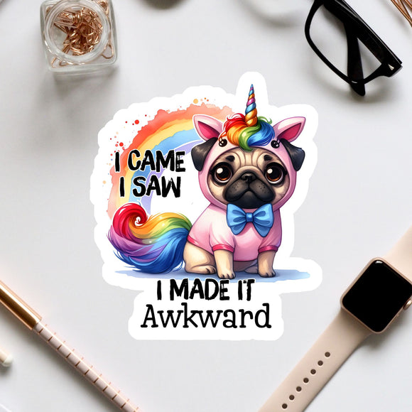 A sticker featuring a pug dog wearing a unicorn costume, with the text 