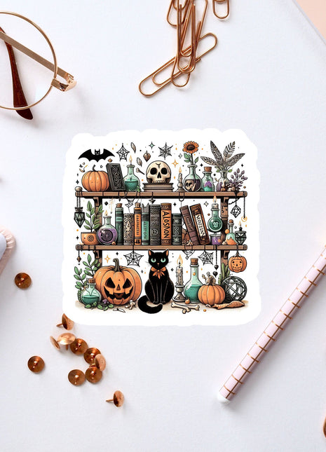 a sticker of a book shelf with a cat and pumpkins