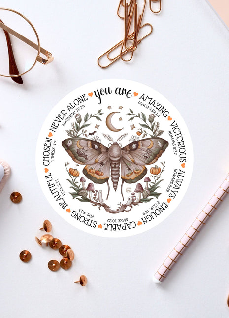 a sticker with a picture of a moth on it