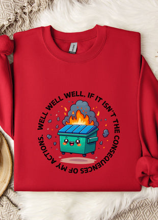 A red sweater with a graphic design featuring a cartoon dumpster with flames and smoke, along with the text "WELL WELL, IF IT ISN'T THE CONSEQUENCES OF MY ACTION".