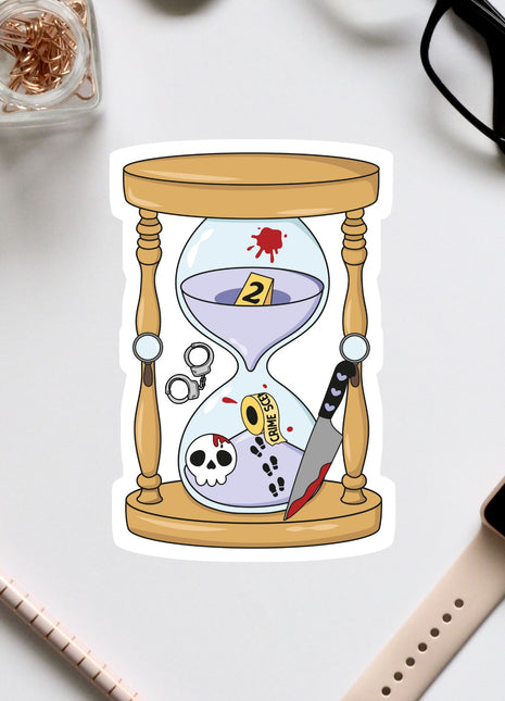 a sticker depicting a stained glass hourglass with various objects inside, such as a skull, a knife, and a pair of glasses.