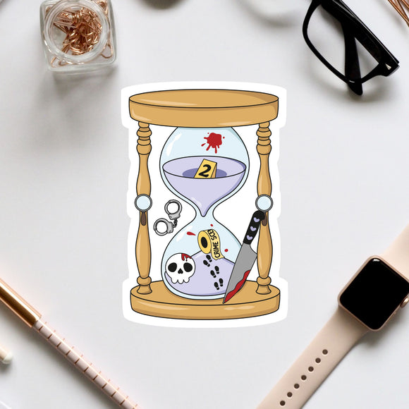 a sticker depicting a stained glass hourglass with various objects inside, such as a skull, a knife, and a pair of glasses.