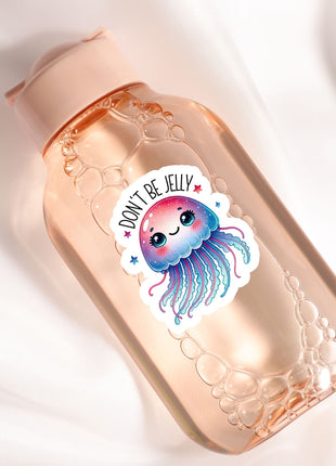 a bottle with a sticker on it sitting on a white surface