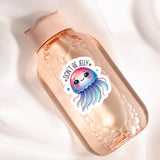 a bottle with a sticker on it sitting on a white surface