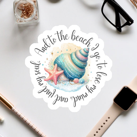 A sticker with a colorful illustration of a seashell and starfish, surrounded by text that reads 